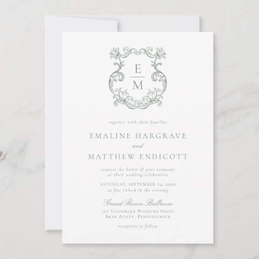 Sage Green  Barok Monogram Crest Wedding Kaart (Voorkant)