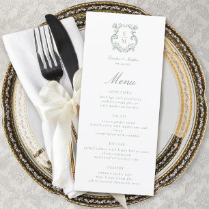 Sage Green Barok Monogram Crest Wedding Menu