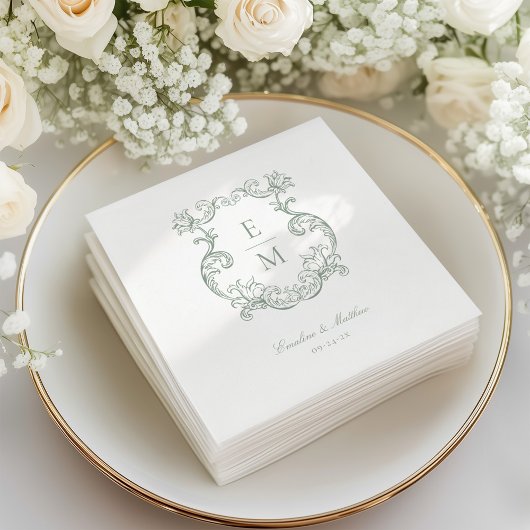 Sage Green Barok Monogram Crest Wedding Servet