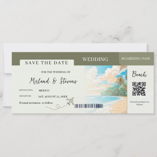 Sage Green Beach Ship Boarding Pass bruiloft Save The Date (Voorkant)