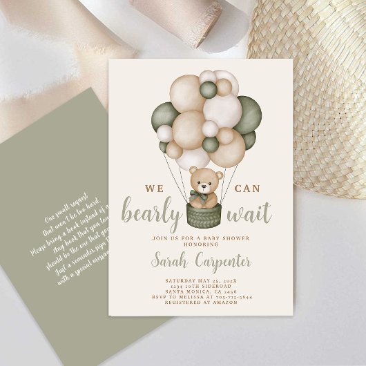 Sage Green Bear Baby shower Boy Invitation