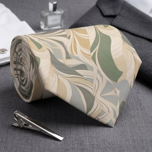 Sage Green Beige Abstract Foliage Pattern Stropdas