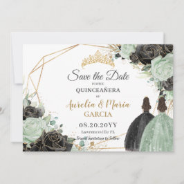 Sage Green Black Bloemen Tweeling XV Quinceañera Save The Date