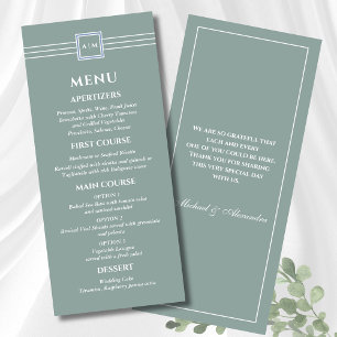 Sage Green Blanc Monogramme Moderne Mariage Menu