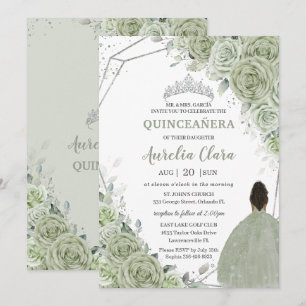 Sage Green Bloemen Bruin Meisje Zilver 15 Quinceañ Kaart