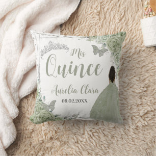 Sage Green Bloemen Bruin Meisje Zilver 15 Quinceañ Kussen
