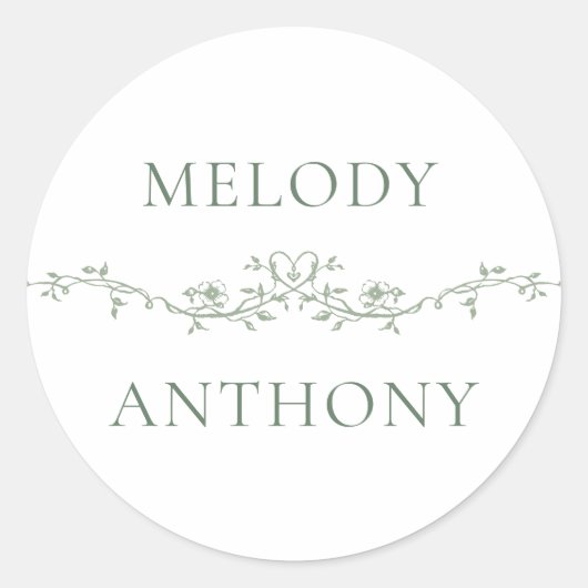 Sage Green Bloemen Grens Elegante Huwelijk Ronde Sticker (Voorkant)