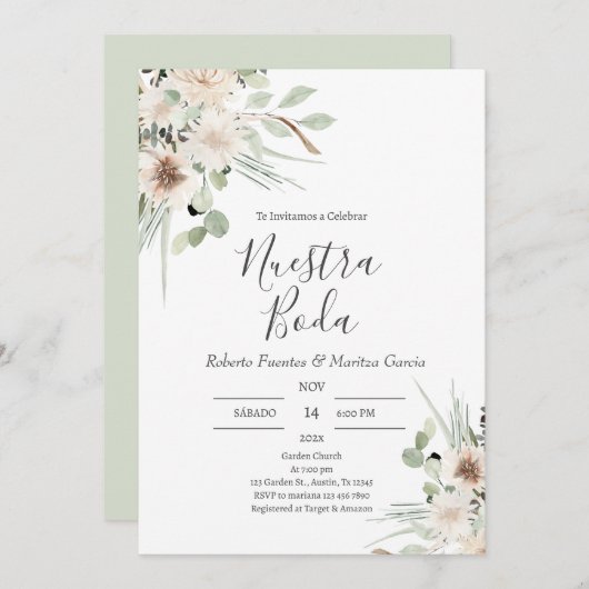 Sage Green Bloemstuk Spaanse Bruiloft Kaart (Voorkant / Achterkant)