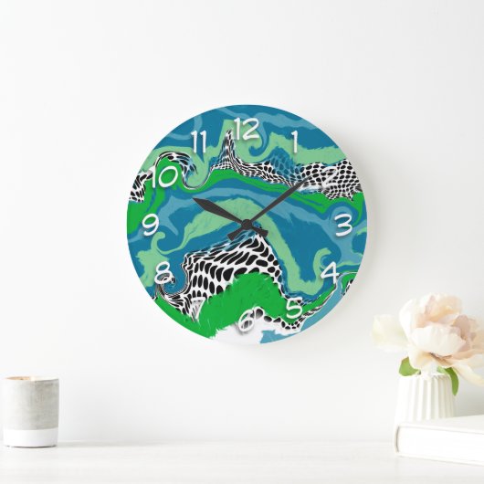 Sage Green, Blue, Black en White Abstract fluid Grote Klok (Huis)
