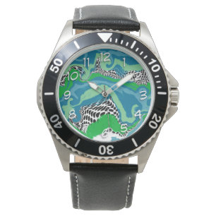 Sage Green, Blue, Black en White Abstract fluid Horloge
