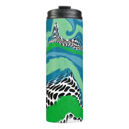 Sage Green, Blue, Black en White Stippen Abstract Thermosbeker (Voorkant)