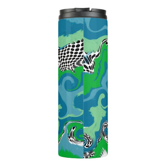 Sage Green, Blue, Black en White Stippen Abstract Thermosbeker (Achterkant)