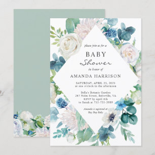 Sage Green Blue White Botanical Floral Baby shower Kaart