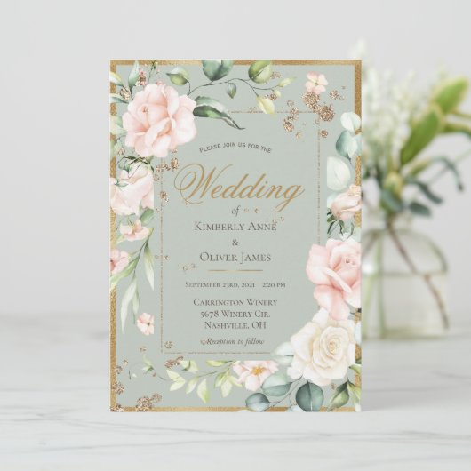 Sage Green Blush Floral Waterverf Wedding Kaart (Staand voorkant)