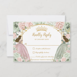 Sage Green Blush Roze Bloemen Twins XV Quinceañera RSVP Kaartje