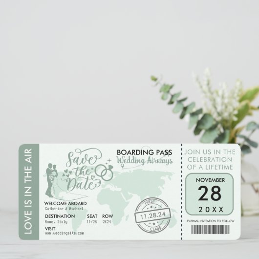 Sage Green Boarding Pass Destination Wedination Save The Date (Staand voorkant)