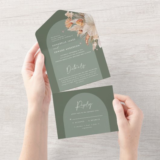 Sage Green Bohemian pampawigras All In One Uitnodiging (Afscheurbaar)