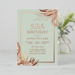 Sage Green Boho 50th Birthday Party Real Roos Gold Folie Uitnodiging