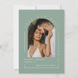 Sage Green Boho Arch Photo QR Code Save Our Date Kaart