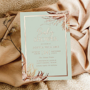 Sage Green Boho Chic Baby shower Real Roos Gold Folie Uitnodiging