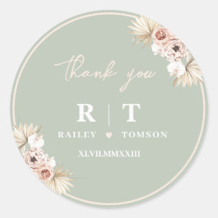Sage Green Boho Floral Elegant Wedding Monogram Ronde Sticker