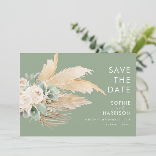 Sage Green Boho Pampas Grass Sla de datum op Kaart (Staand voorkant)
