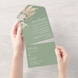 Sage Green Boho Pampas Grass Wedding All In One Uitnodiging