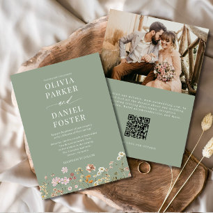 Sage Green Boho Wildflower QR Code Foto Bruiloft Kaart