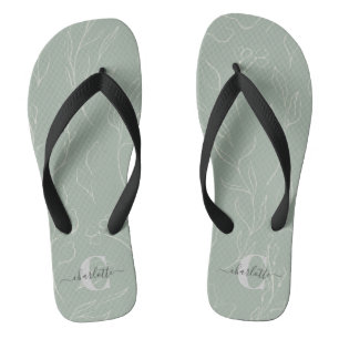 Sage Green Botanical Custom Monogrammed Name Teenslippers