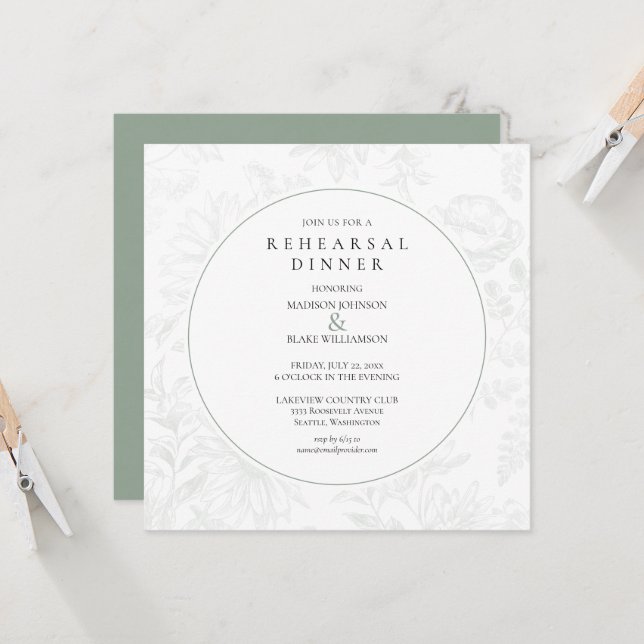 Sage Green Botanical Floral Rehearsal Dinner (Voorkant / Achterkant in situ)