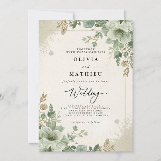 Sage Green Botanical Floral Wedding Kaart (Voorkant)
