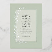 Sage Green Botanical Floral Wedding Silver Folie Uitnodiging (Voorkant)