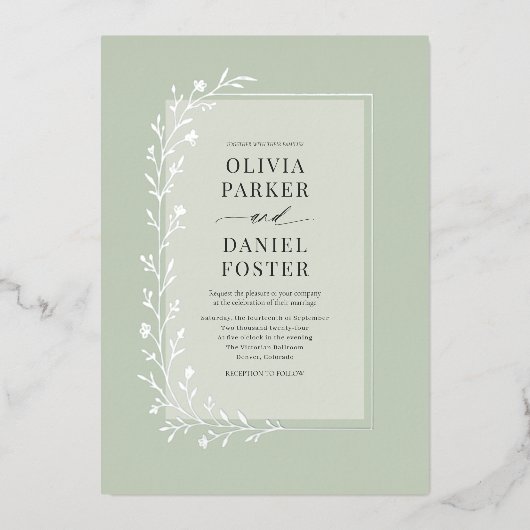 Sage Green Botanical Floral Wedding Silver Folie Uitnodiging (Voorkant)