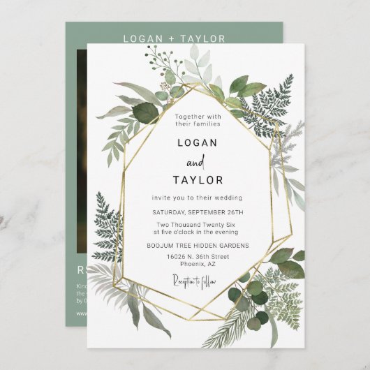 Sage Green Botanical Greenery Gold Lijst QR-code Kaart (Voorkant / Achterkant)