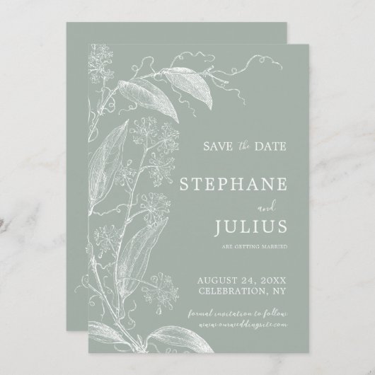 Sage Green Botanical Save the Date Invitation Kaart (Voorkant / Achterkant)