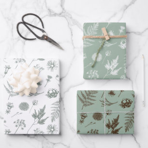 Sage Green Botanical Wrapping Paper Set