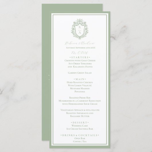 Sage Green Botanico Crest Monogramme Mariage Menu (Devant / Derrière)