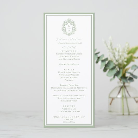 Sage Green Botanico Crest Monogramme Mariage Menu (Debout devant)