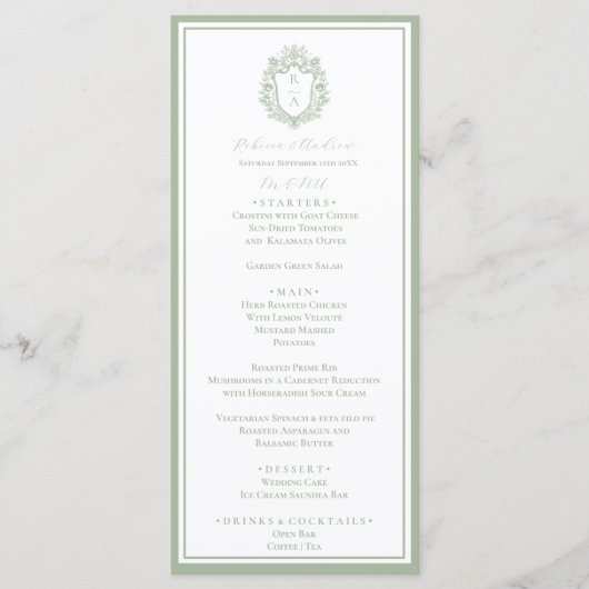 Sage Green Botanico Crest Monogramme Mariage Menu (Devant)