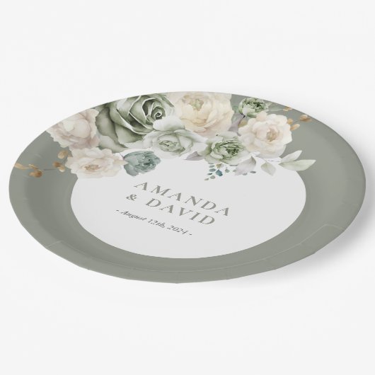 Sage Green Botanische Elegante Huwelijk Papieren Bordje (Gekanteld)