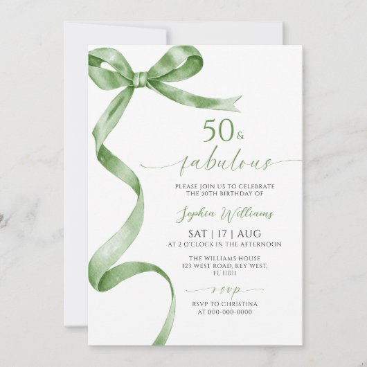 Sage Green Bow 50 & Fabuleuse Invitation Anniversa (Devant)