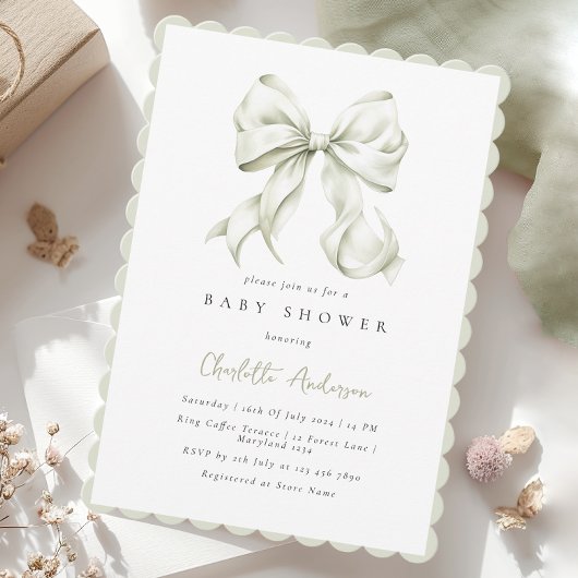 Sage Green Bow Baby shower Uitnodiging