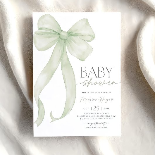 Sage Green Bow Baby shower Uitnodiging Sjabloon