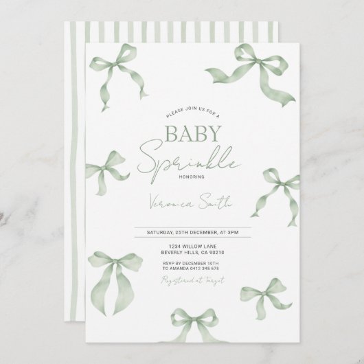 Sage Green Bow Baby Sprinkle Invitation (Devant / Derrière)
