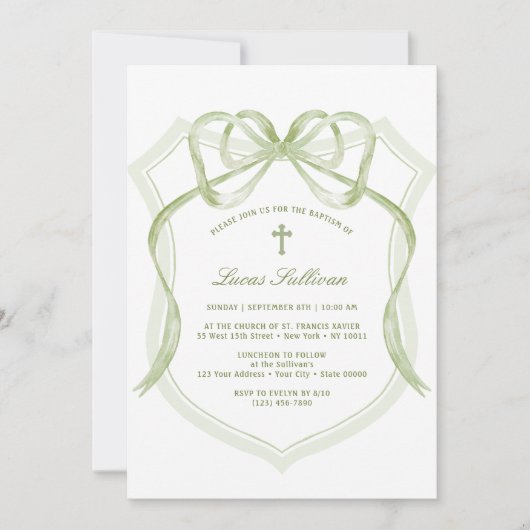 Sage Green Bow Crest Baptism Invitation (Devant)