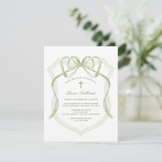 Sage Green Bow Crest Baptism Invitation (Debout devant)