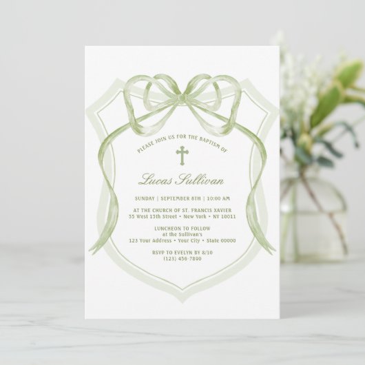 Sage Green Bow Crest Baptism Invitation (Debout devant)