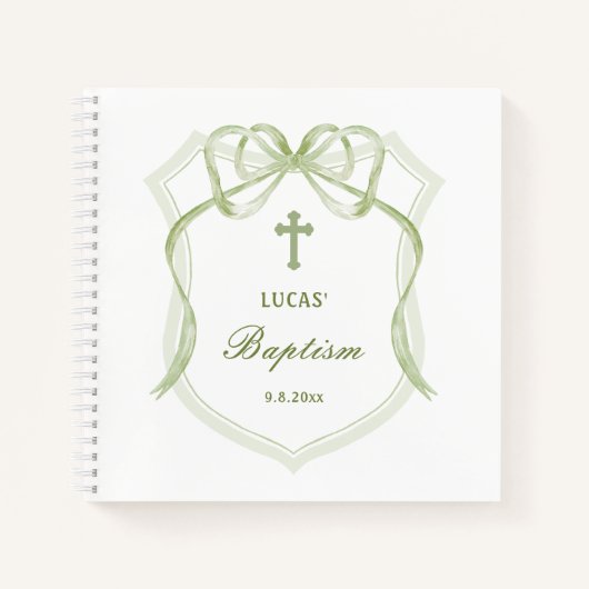 Sage Green Bow Crest Baptism Livre d'invité (Devant)