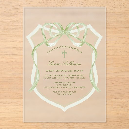 Sage Green Bow Crest doop Acryl Uitnodigingen (Voorkant)