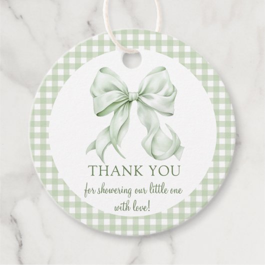Sage Green Bow Gingham Baby shower Bedankt Bedankjes Labels (Voorkant)